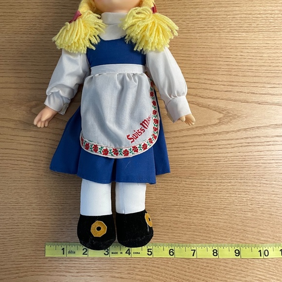 Swiss Miss Cloth Doll Blue Sleepy Eyes Blond Yarn Hair Braids Vinyl Face Cocoa - Picture 9 of 9